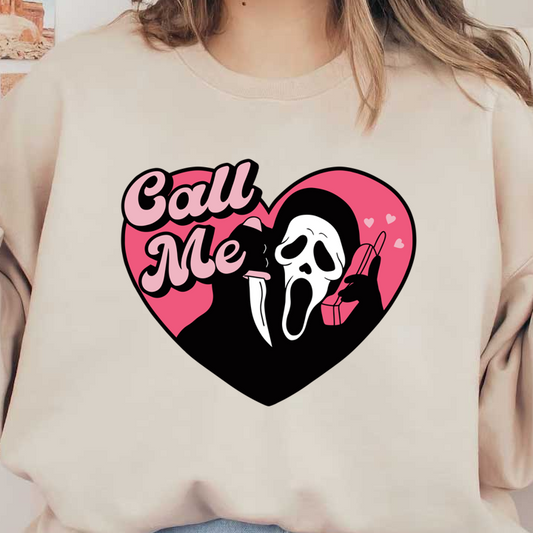 A playful heart-shaped design featuring a ghost face holding a knife and a phone with the text "Call Me."dtf regular iron