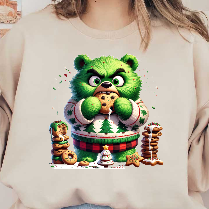 A cute, green bear character in a festive sweater enjoys a cookie surrounded by a variety of colorful holiday treats.DTF Transfers dtf transfers