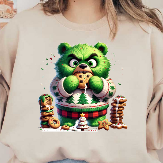 A cute, green bear character in a festive sweater enjoys a cookie surrounded by a variety of colorful holiday treats.DTF Transfers dtf transfers