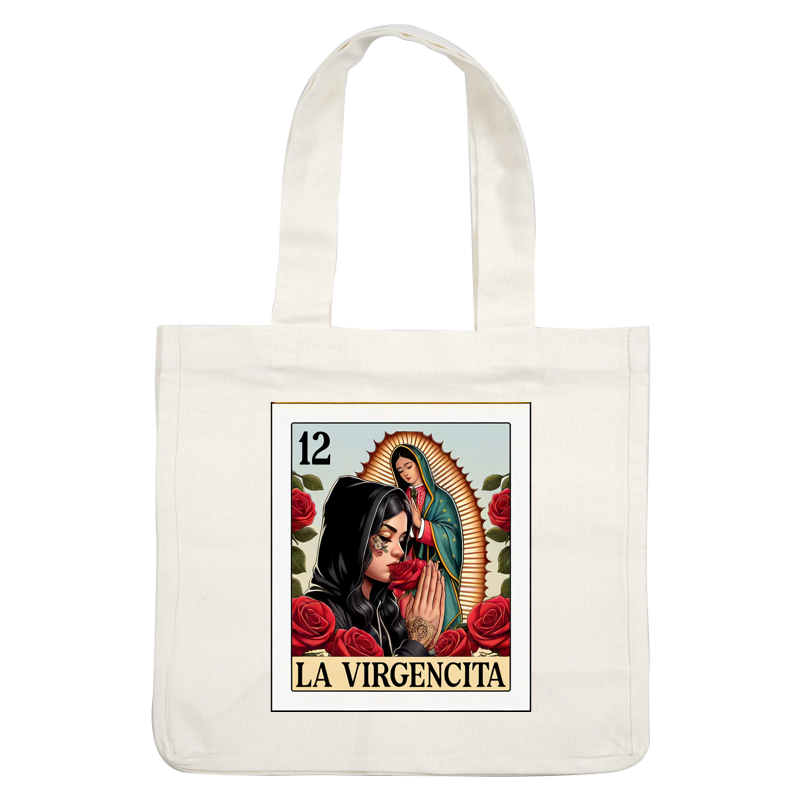 Una ilustración vibrante que presenta a una mujer con una sudadera con capucha negra, rosas y la Virgen de Guadalupe, con la etiqueta "La Virgencita".