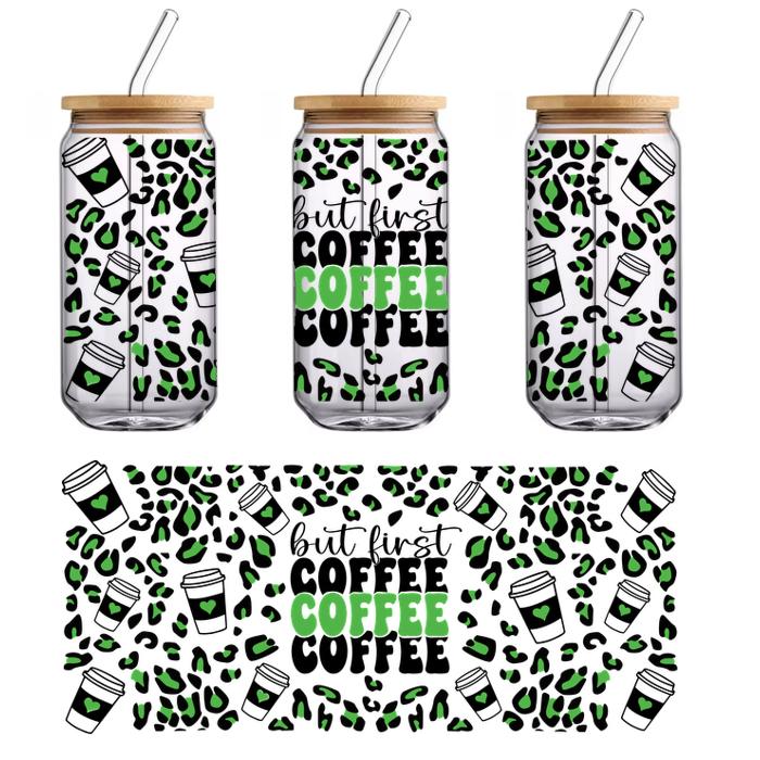 A vibrant and playful graphic featuring the word "COFFEE" in bold green, surrounded by coffee-themed icons and leaves.UV Transfers dtf prints