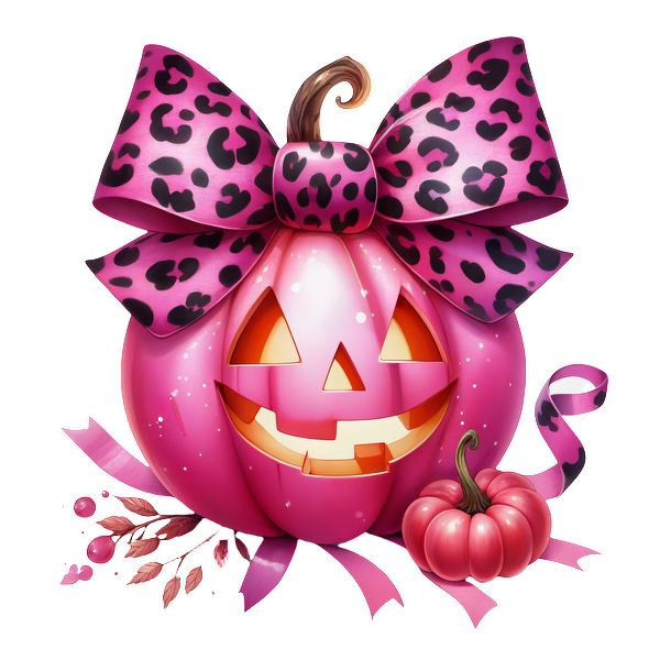 Una linda calabaza rosa con un lazo de estampado de leopardo y una cara sonriente, rodeada de calabazas más pequeñas y elementos decorativos.