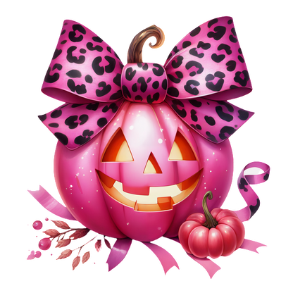 Una linda calabaza rosa con un lazo de estampado de leopardo y una cara sonriente, rodeada de calabazas más pequeñas y elementos decorativos.