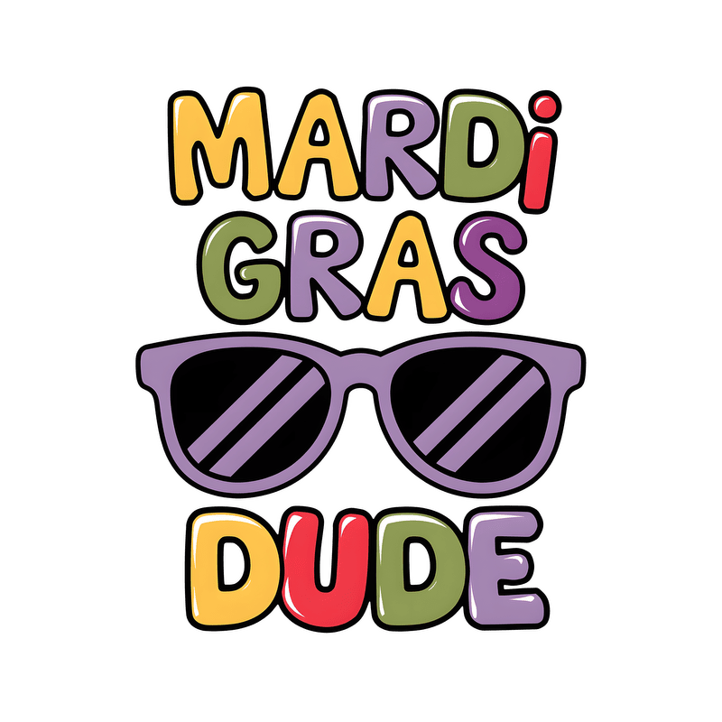 Celebrate Mardi Gras with this vibrant and playful graphic that features colorful text and stylish sunglasses!DTF Transfers