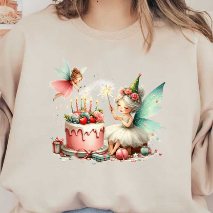 Whimsical illustration of two fairies celebrating a birthday with a beautifully decorated pink cake and festive decorations.DTF Transfers
