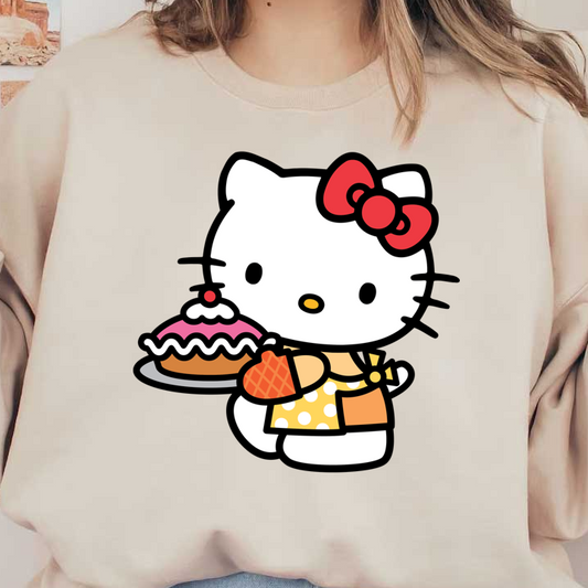 Hello Kitty is adorably showcasing a colorful cake on a platter while wearing a polka dot apron and a big red bow!DTF Transfers