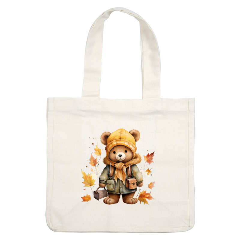 A cute teddy bear dressed in a yellow beanie and warm jacket, surrounded by autumn leaves, holding little bags.dtf regular iron