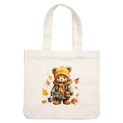 A cute teddy bear dressed in a yellow beanie and warm jacket, surrounded by autumn leaves, holding little bags.dtf regular iron