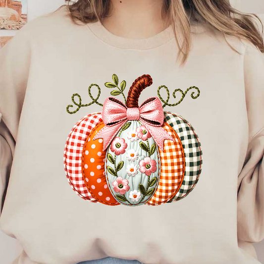 Charming decorative pumpkin featuring floral patterns and vibrant fabrics with ribbon.DTF Transfers