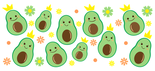 A playful pattern of happy avocados wearing crowns, surrounded by colorful flowers.UV Transfers