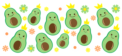A playful pattern of happy avocados wearing crowns, surrounded by colorful flowers.UV Transfers