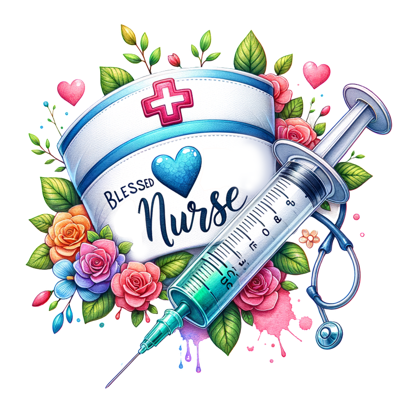 A vibrant illustration celebrating nurses, featuring a nurse's cap, a syringe, and colorful floral accents with the phrase "Blessed Nurse."DTF Transfers