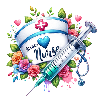 A vibrant illustration celebrating nurses, featuring a nurse's cap, a syringe, and colorful floral accents with the phrase "Blessed Nurse."DTF Transfers