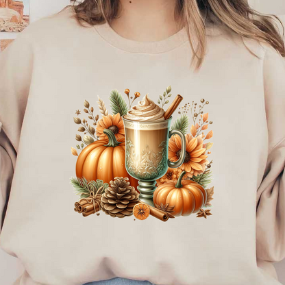 Una acogedora escena otoñal con un café con leche cremoso con especias de calabaza cubierto con crema batida, rodeado de calabazas y flores de temporada.