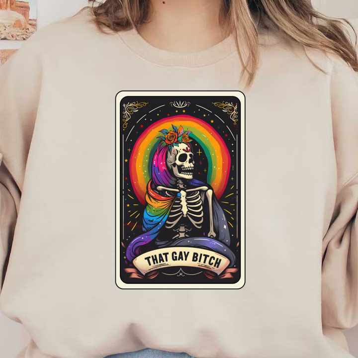 A colorful illustration featuring a decorated skeleton with rainbow accents and flowers, embodying a vibrant, proud spirit. dtf transfers