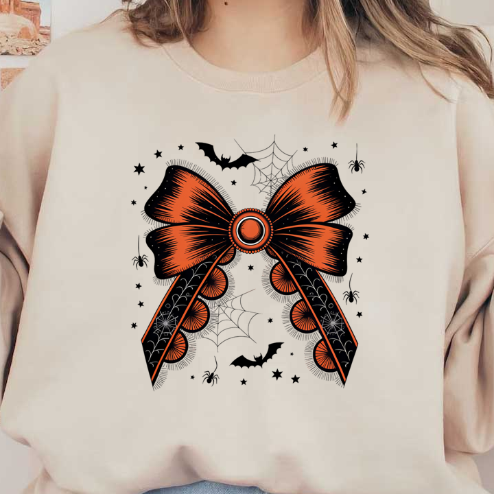 Un lazo naranja y negro vibrante con una gema central, adornado con patrones de telaraña, perfecto para decoraciones de Halloween.