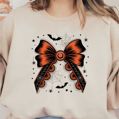 Un lazo naranja y negro vibrante con una gema central, adornado con patrones de telaraña, perfecto para decoraciones de Halloween.