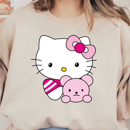 This adorable image features Hello Kitty, styled with a pink bow, playfully holding a cute pink teddy bear.DTF Transfers