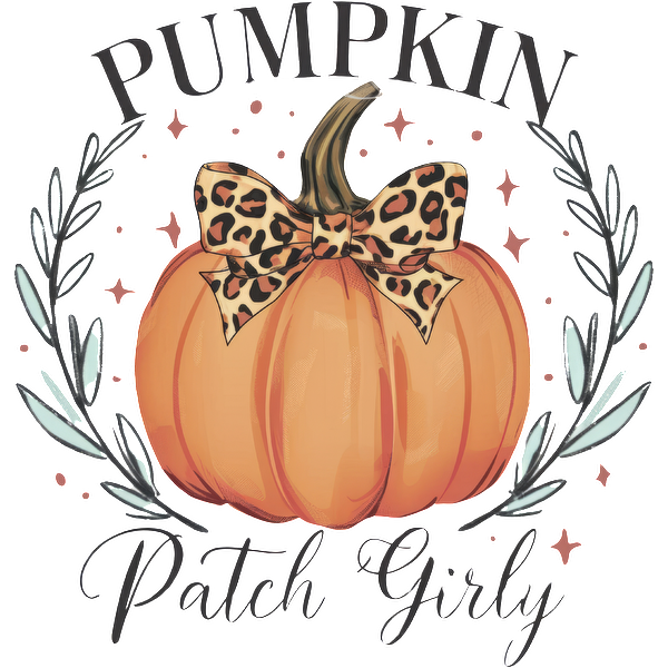 Charming pumpkin illustration with a leopard print bow, surrounded by decorative leaves, perfect for a whimsical fall design. heat press transfers