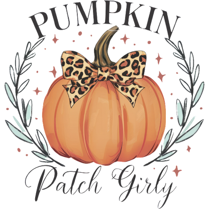 Charming pumpkin illustration with a leopard print bow, surrounded by decorative leaves, perfect for a whimsical fall design. heat press transfers