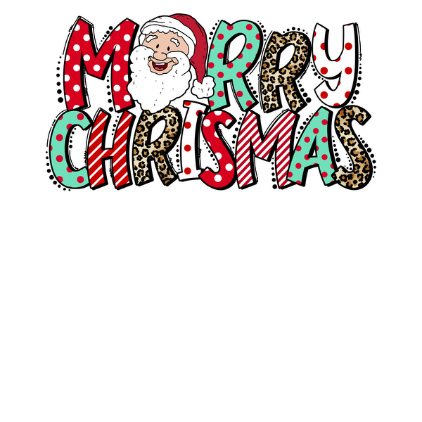 Cheerful "Merry Christmas" design featuring a smiling Santa with playful, colorful letters in festive patterns. dtf prints