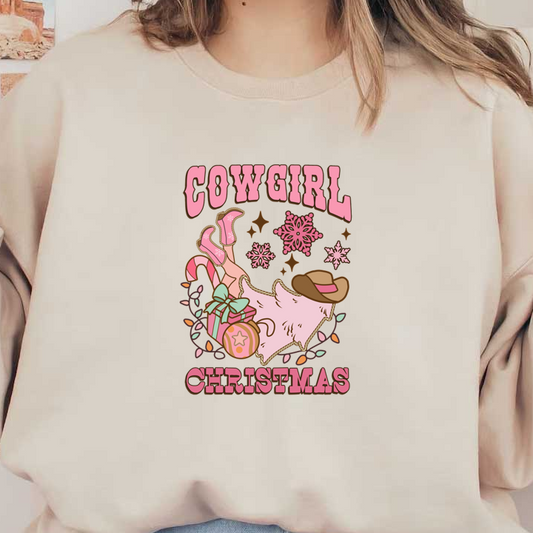 Celebrate the season with this playful "Cowgirl Christmas" design featuring festive elements like snowflakes, gifts, and pink cowboy boots! dtf prints