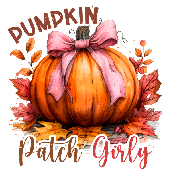 A charming illustration of a pumpkin adorned with a pink bow, surrounded by colorful autumn leaves and playful lettering. dtf prints