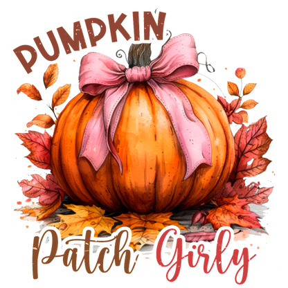 A charming illustration of a pumpkin adorned with a pink bow, surrounded by colorful autumn leaves and playful lettering. dtf prints