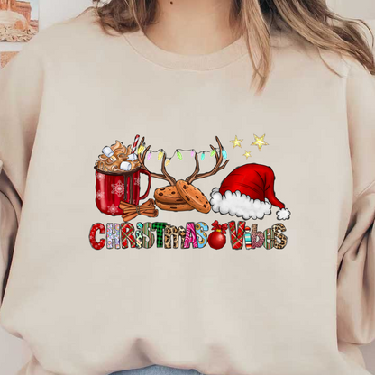 Get into the festive spirit with this cheerful illustration featuring hot chocolate, cookies, reindeer antlers, and vibrant holiday vibes!DTF Transfers heat press transfers