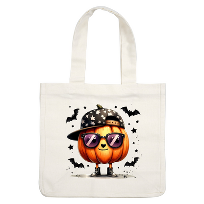 ¡Conoce a la elegante calabaza, que luce una gorra y gafas de sol con estampado de estrellas negras, rodeada de murciélagos divertidos para un ambiente festivo!