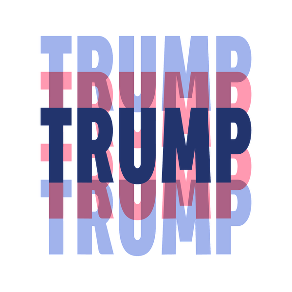 Diseño de texto atrevido y colorido que presenta la palabra "TRUMP" en un estilo repetido y en capas con colores alternados.