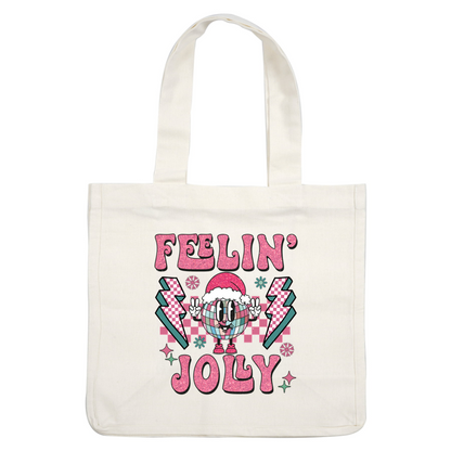 A festive, vibrant graphic featuring a cartoon disco ball wearing a Santa hat, with "Feelin' Jolly" in glittery pink lettering. dtf transfers