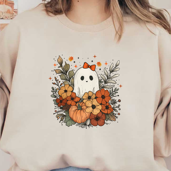 A cute ghost adorned with a bright bow, surrounded by vibrant autumn flowers and a pumpkin, captures a festive fall spirit. dtf prints