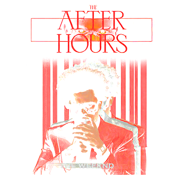 Album cover for "After Hours" by The Weeknd, featuring a stylish illustration of the artist in a red suit with sunglasses.DTF Transfers heat press transfers