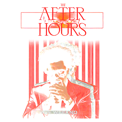 Album cover for "After Hours" by The Weeknd, featuring a stylish illustration of the artist in a red suit with sunglasses.DTF Transfers heat press transfers