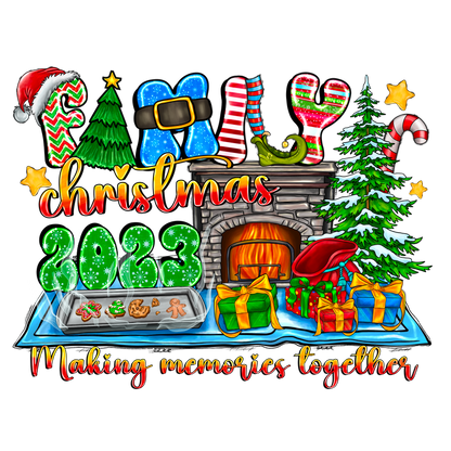 Festive and colorful Christmas 2023 design featuring a cozy fireplace, decorated tree, cookies, and gifts, celebrating family moments together.DTF Transfers dtf transfersdtf regular iron