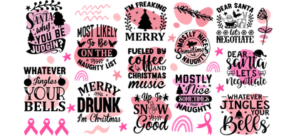 A playful collection of pink and black holiday-themed designs featuring fun phrases and festive motifs perfect for seasonal decor.UV Transfersdtf regular iron