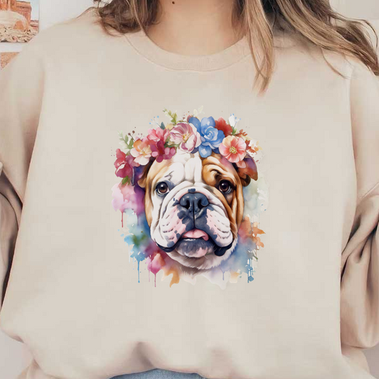 Una encantadora ilustración de un adorable bulldog adornado con una colorida corona floral, rodeado de vibrantes salpicaduras de acuarela.