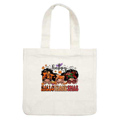 Colorful graphic depicting three women celebrating the combined spirit of Halloween, Thanksgiving, and Christmas with festive accessories. heat press transfers