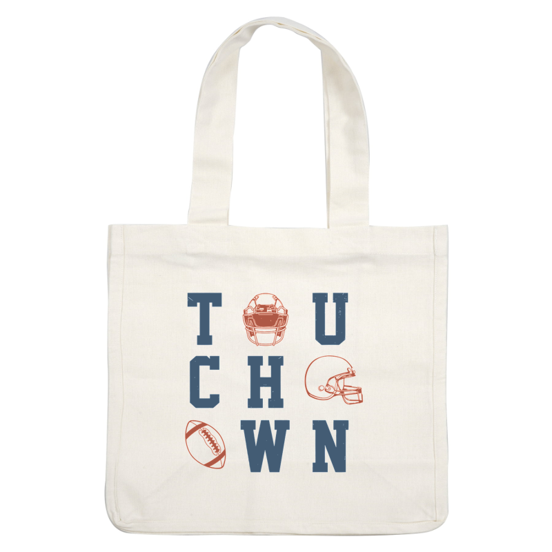 Un diseño gráfico vibrante que presenta la palabra "TOUCHDOWN" junto con ilustraciones de fútbol y cascos, perfecto para los entusiastas de los deportes.