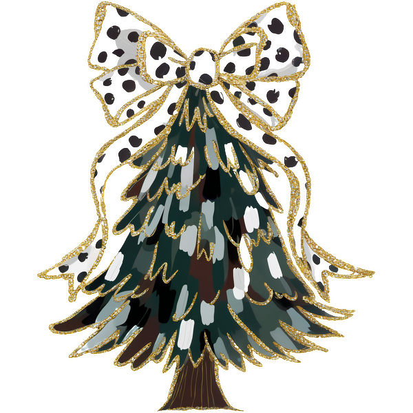 A festive illustrated Christmas tree adorned with a stylish polka-dot bow and artistic brushstroke details in various colors.DTF Transfers dtf prints