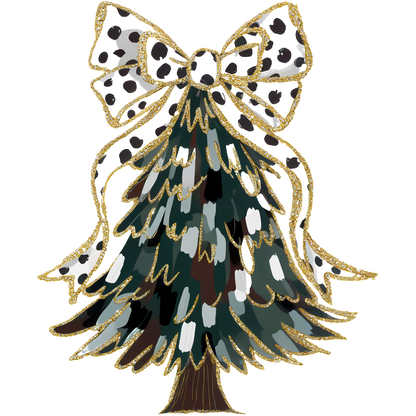 A festive illustrated Christmas tree adorned with a stylish polka-dot bow and artistic brushstroke details in various colors.DTF Transfers dtf prints