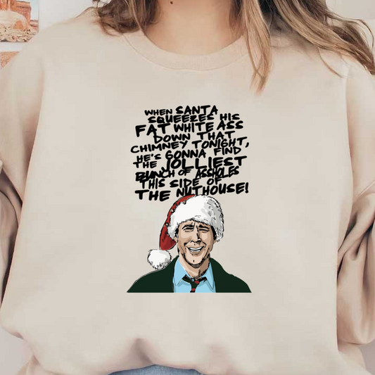 A festive illustration of a man wearing a red and white Santa hat, along with a green jacket and blue shirt.DTF Transfers dtf prints