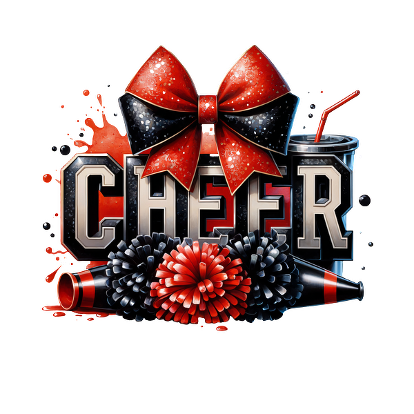 Un gráfico vibrante que presenta la palabra "CHEER" adornado con un lazo divertido, pompones y una bebida, perfecto para ocasiones festivas. Transferencias DTF