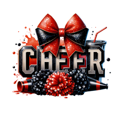 Un gráfico vibrante que presenta la palabra "CHEER" adornado con un lazo divertido, pompones y una bebida, perfecto para ocasiones festivas. Transferencias DTF