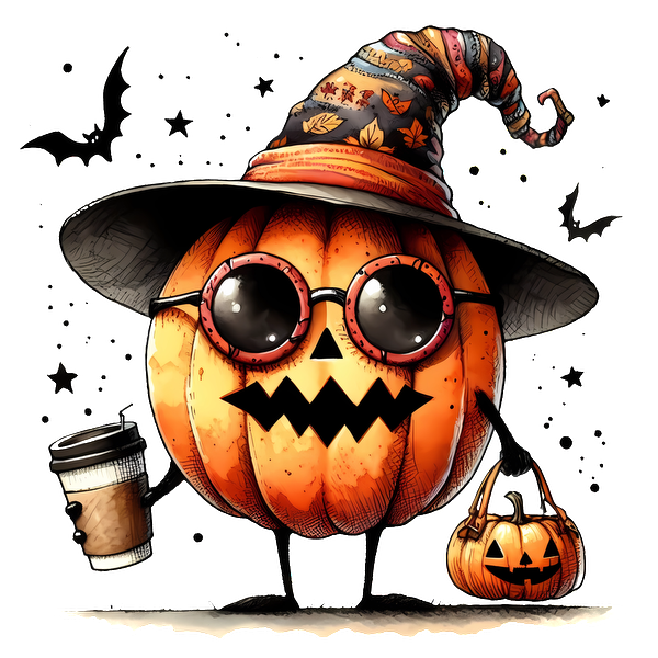 Este extravagante personaje de calabaza, que viste un sombrero de bruja estampado y gafas, sostiene una taza de café y una bolsa de dulces.