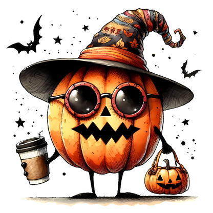 Este extravagante personaje de calabaza, que viste un sombrero de bruja estampado y gafas, sostiene una taza de café y una bolsa de dulces.