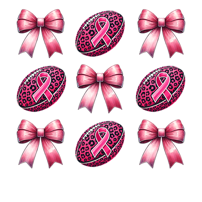 A cheerful pattern featuring pink bows and leopard print eggs adorned with pink ribbons, celebrating breast cancer awareness.dtf regular iron