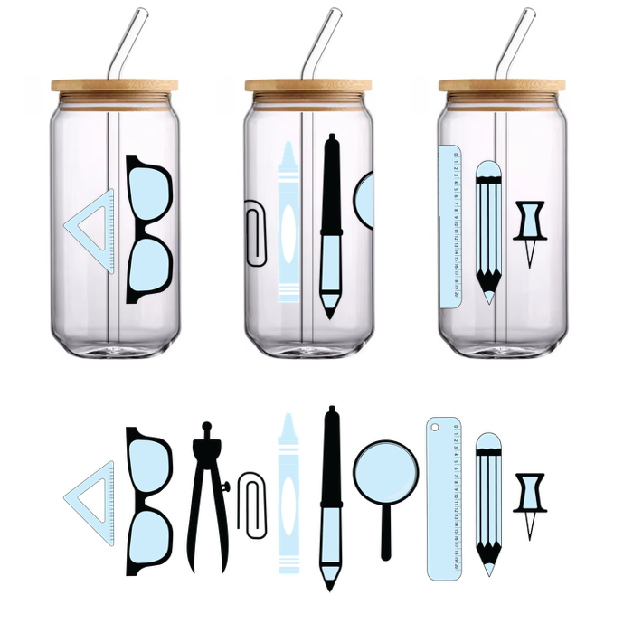 A collection of various school and office supplies, including glasses, compasses, pens, rulers, and colored pencils in light blue tones.UV Transfers heat press transfers