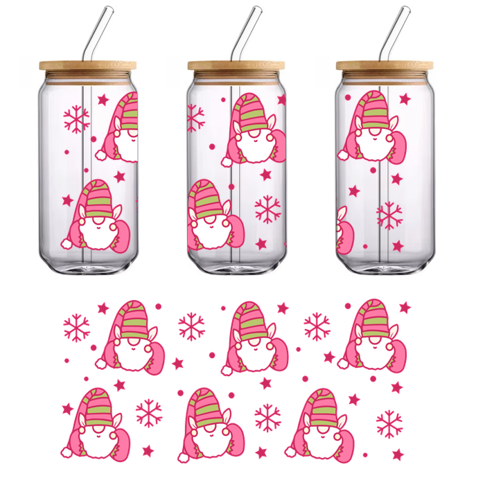 A cheerful pattern featuring cute, pink, cartoon-style creatures wearing striped hats surrounded by snowflakes and stars, perfect for holiday themes.UV Transfers